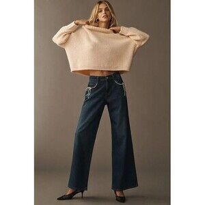 Pilcro Anthropologie Pearl Bow Embellished Wide Leg Jeans Womens 25 Low Rise NWT